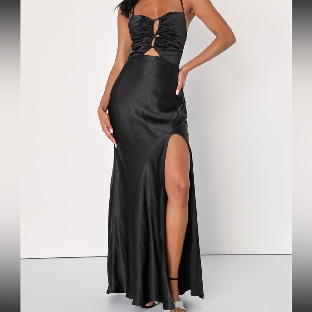 Lulus Cutout for Elegance Black Satin Cutout Backless Maxi Dress